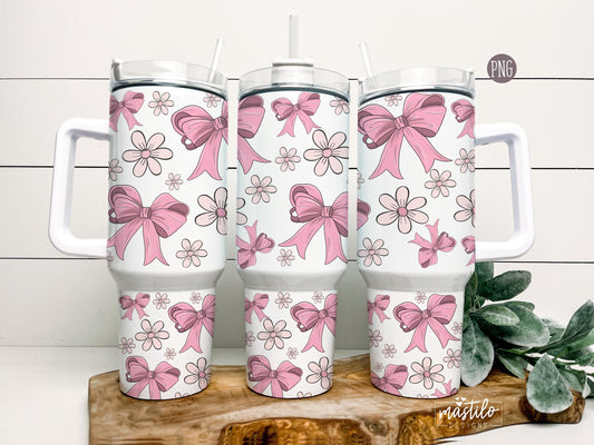 Coquette 40oz Tumbler Wrap, Preppy Pink Bows 40 oz Quencher Tumbler Sublimation Design, Soft Girly Aesthetic Ribbons Tumbler PNG, Hand drawn