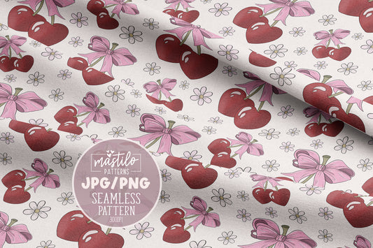 Summer Cherries and Bows Seamless Pattern, Coquette Girly seamless pattern