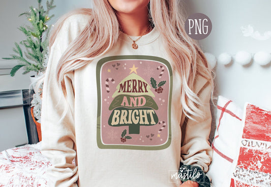 Merry and Bright Christmas Sublimation Designs, Trendy Christmas Png Design