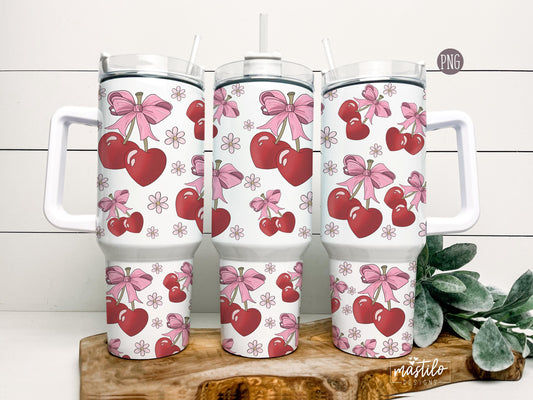 Coquette 40oz Tumbler Wrap, Cherries Pink Bows 40 oz Quencher Tumbler Sublimation Design, Soft Girly Aesthetic Tumbler PNG Hand drawn