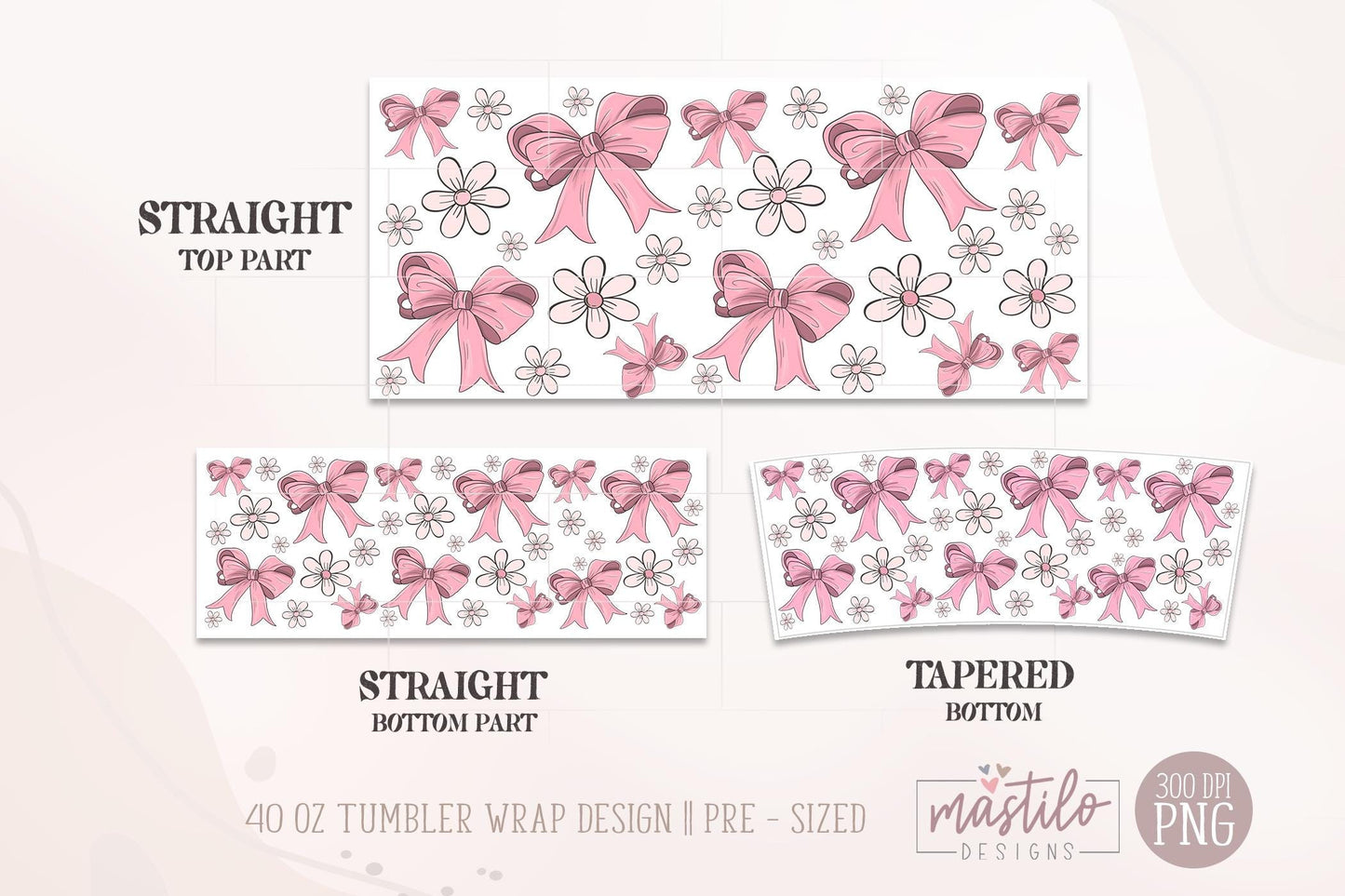 Coquette 40oz Tumbler Wrap, Preppy Pink Bows 40 oz Quencher Tumbler Sublimation Design, Soft Girly Aesthetic Ribbons Tumbler PNG, Hand drawn