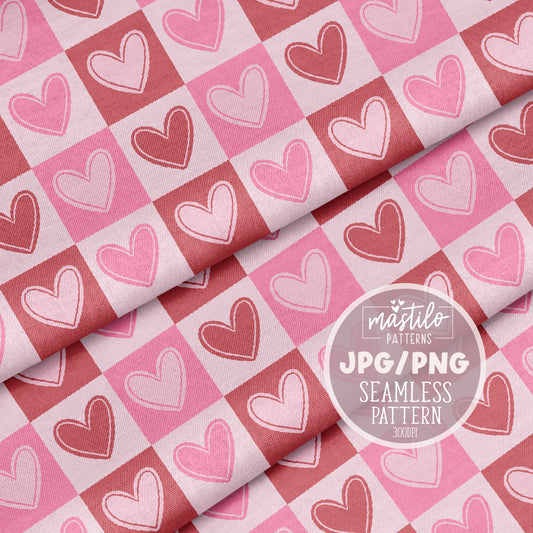 Retro Pink Checkered Valentine Pattern with Hearts - Seamless Design