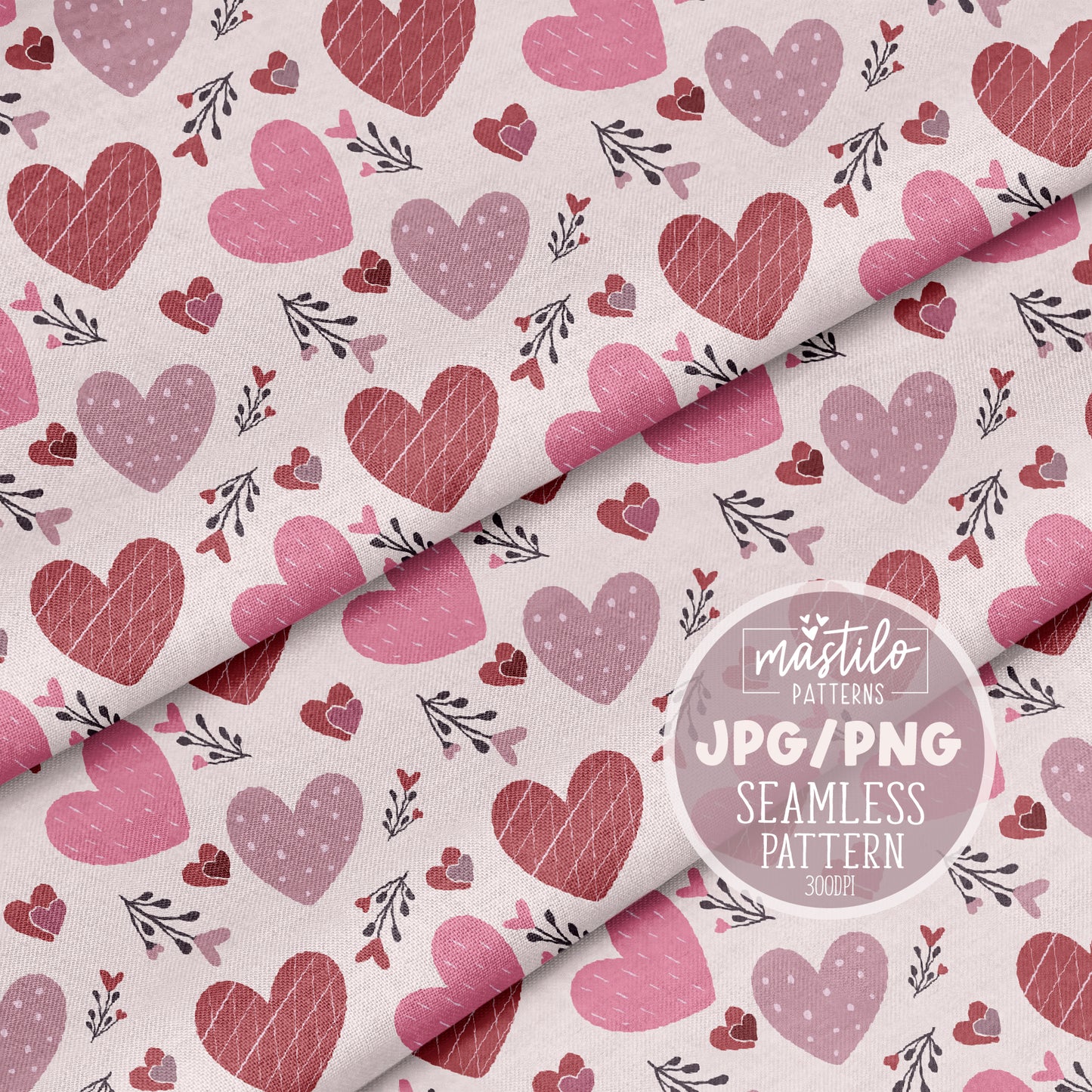 Boho Floral Hand-Drawn Valentine's Day Seamless Pattern - Pink Hearts for Sublimation & Fabric