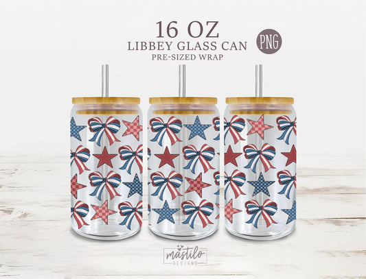 4th of July 16 oz Glass can wrap Png, American Glass can cup wrap, Coquette American Flag