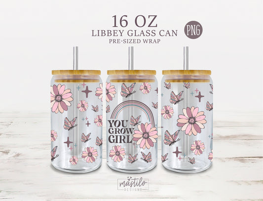 Boho Glass can wrap Png, You Grow Girl Trendy Glass can cup wrap png, Girly Glassware