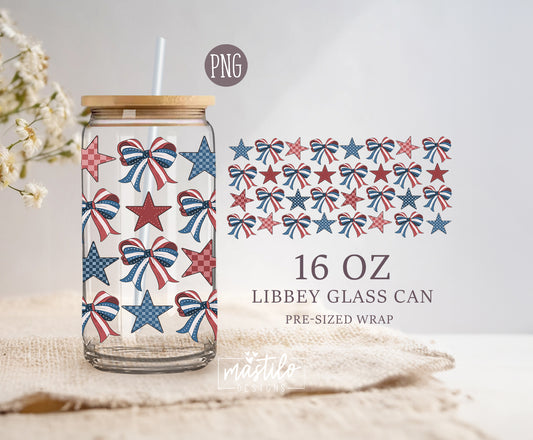 4th of July 16 oz Glass can wrap Png, American Glass can cup wrap, Coquette American Flag