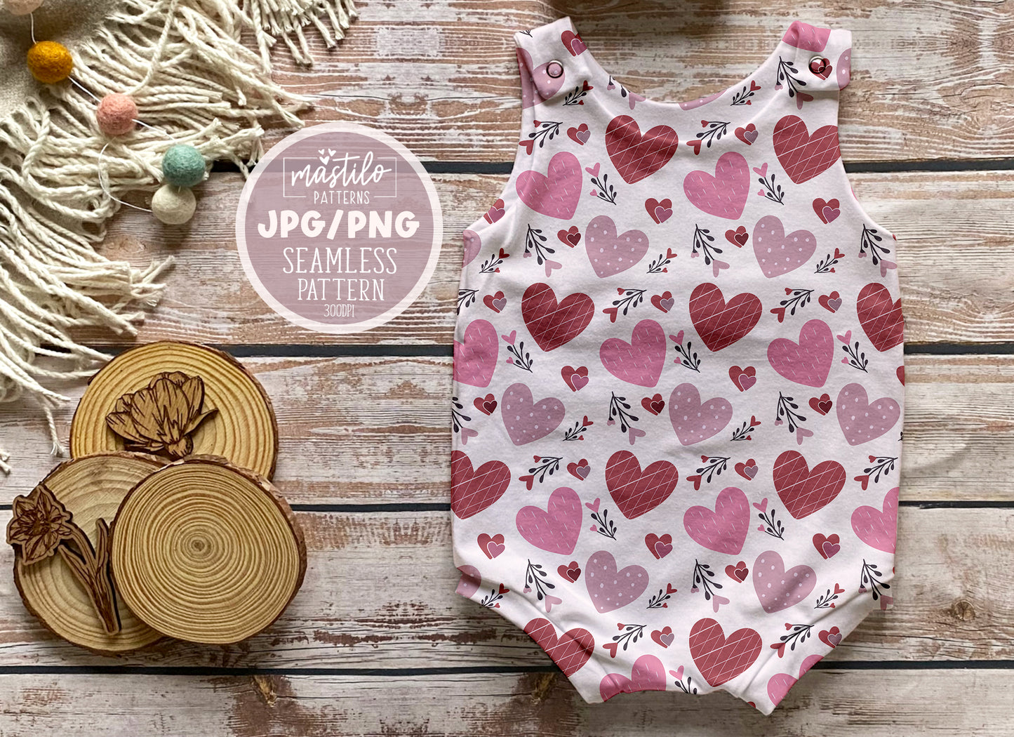 Boho Floral Hand-Drawn Valentine's Day Seamless Pattern - Pink Hearts for Sublimation & Fabric