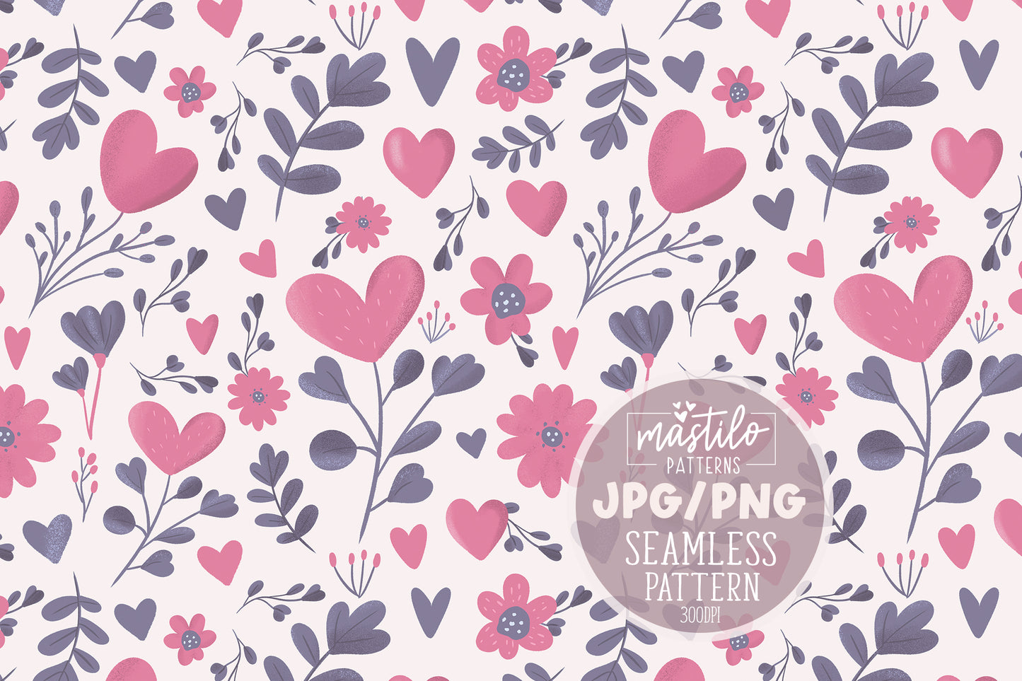 Whimsical Valentine's Day Seamless Digital Pattern with cute hearts and flowers