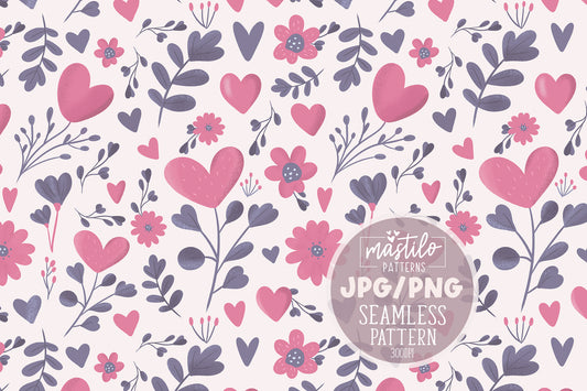 Whimsical Valentine's Day Seamless Digital Pattern with cute hearts and flowers