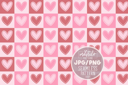 Retro Pink Checkered Valentine Pattern with Hearts - Seamless Design