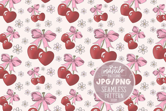 Summer Cherries and Bows Seamless Pattern, Coquette Girly seamless pattern