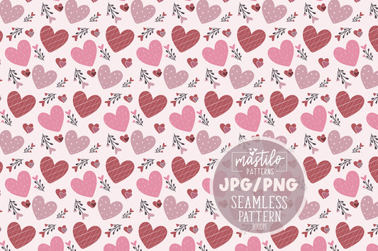 Boho Floral Hand-Drawn Valentine's Day Seamless Pattern - Pink Hearts for Sublimation & Fabric