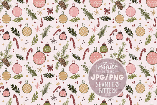 Boho Christmas Doodles Seamless Pattern, Christmas Ornaments Pattern, Seamless Pattern