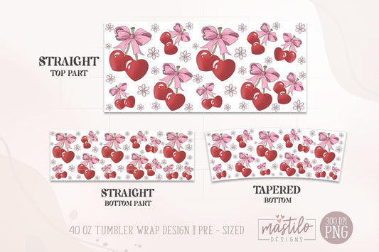 Coquette 40oz Tumbler Wrap, Cherries Pink Bows 40 oz Quencher Tumbler Sublimation Design, Soft Girly Aesthetic Tumbler PNG Hand drawn