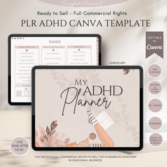 PLR Digital Planner, ADHD Planner, Editable Canva Planner Template