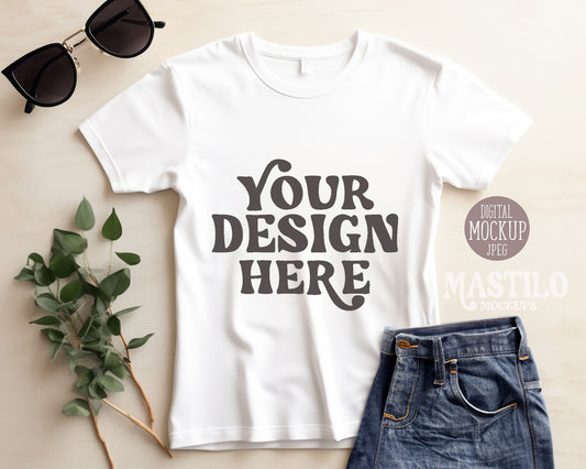 White T-shirt Flatlay Mockup, Bella Canvas 3001 Shirt, POD Shop Mockup, Boho