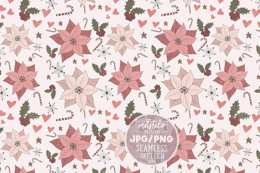 Boho Vintage Floral Christmas Seamless Pattern, Boho Christmas Pattern