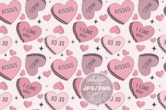 Conversation Hearts Seamless Pattern, Groovy Valentine Hearts repeat