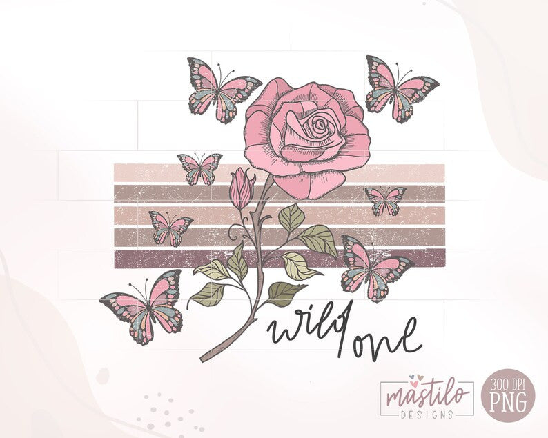 Wild One Png, Retro Butterfly Sublimation Designs, Retro Flowers Png