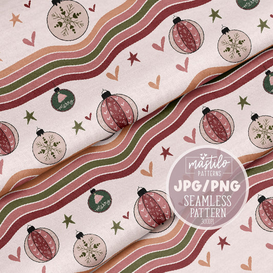 Retro Christmas Seamless Pattern, Christmas Ornaments Seamless Pattern