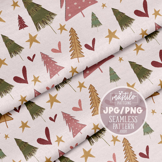 Boho Christmas Trees Seamless Pattern, Doodle Christmas Trees Seamless