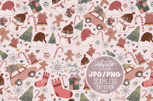 Boho Vintage Christmas Seamless Pattern, Boho Christmas Pattern