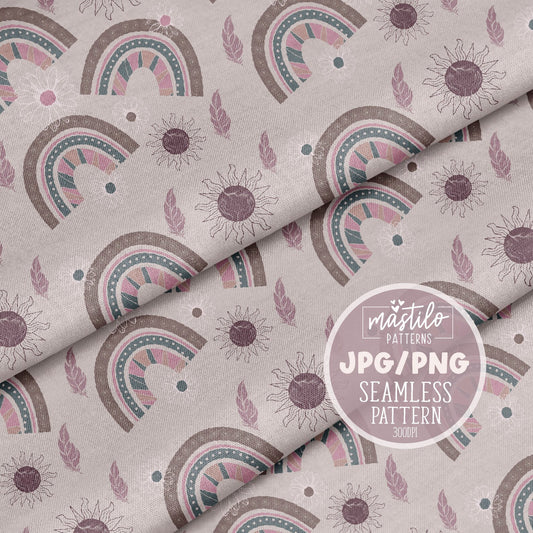 Boho Rainbow Seamless Pattern Design, Fabric Pattern Design, Neutral Seamless