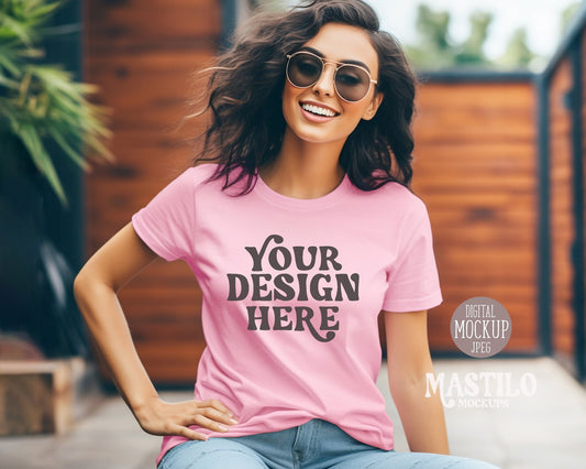 Pink Bella Canvas 3001 Tshirt Model Mockup, Bella Canvas Pink Shirt