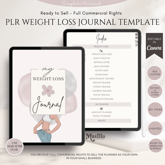 PLR Weight Loss Journal, Plr Fitness Journal, Editable Canva Journal Template