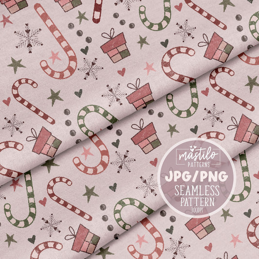 Boho Vintage Retro Candy Cane Christmas Seamless Pattern, Boho Christmas