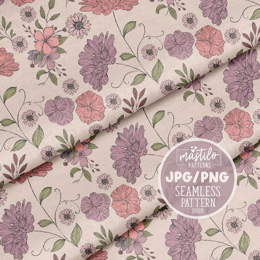 Boho Flowers Seamless Pattern Design, Fabric Pattern Design