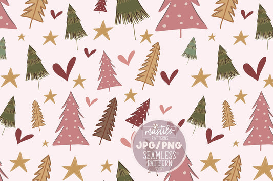 Boho Christmas Trees Seamless Pattern, Doodle Christmas Trees Seamless