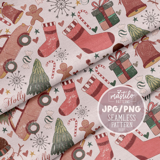 Boho Vintage Christmas Seamless Pattern, Boho Christmas Pattern