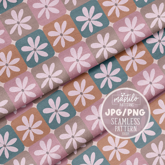 Retro Daisy Checker Seamless Pattern, Multi Color Checker Seamless