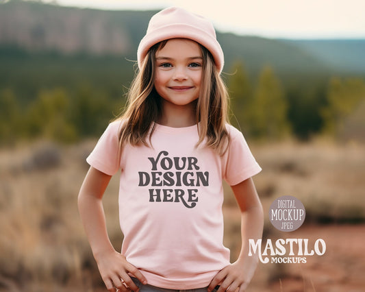 Pink Kids T-shirt Mockup, Boho T-shirt Mockup, Pink Bella Canvas 3001T Mockup