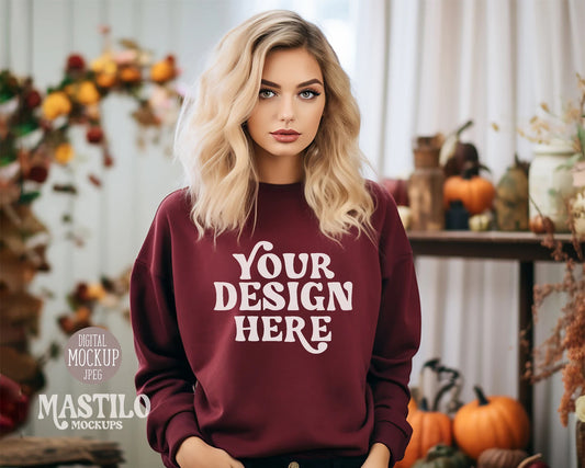 Gildan 18000 Lifestyle Mockup, Fall Maroon Sweatshirt, Halloween Mockup