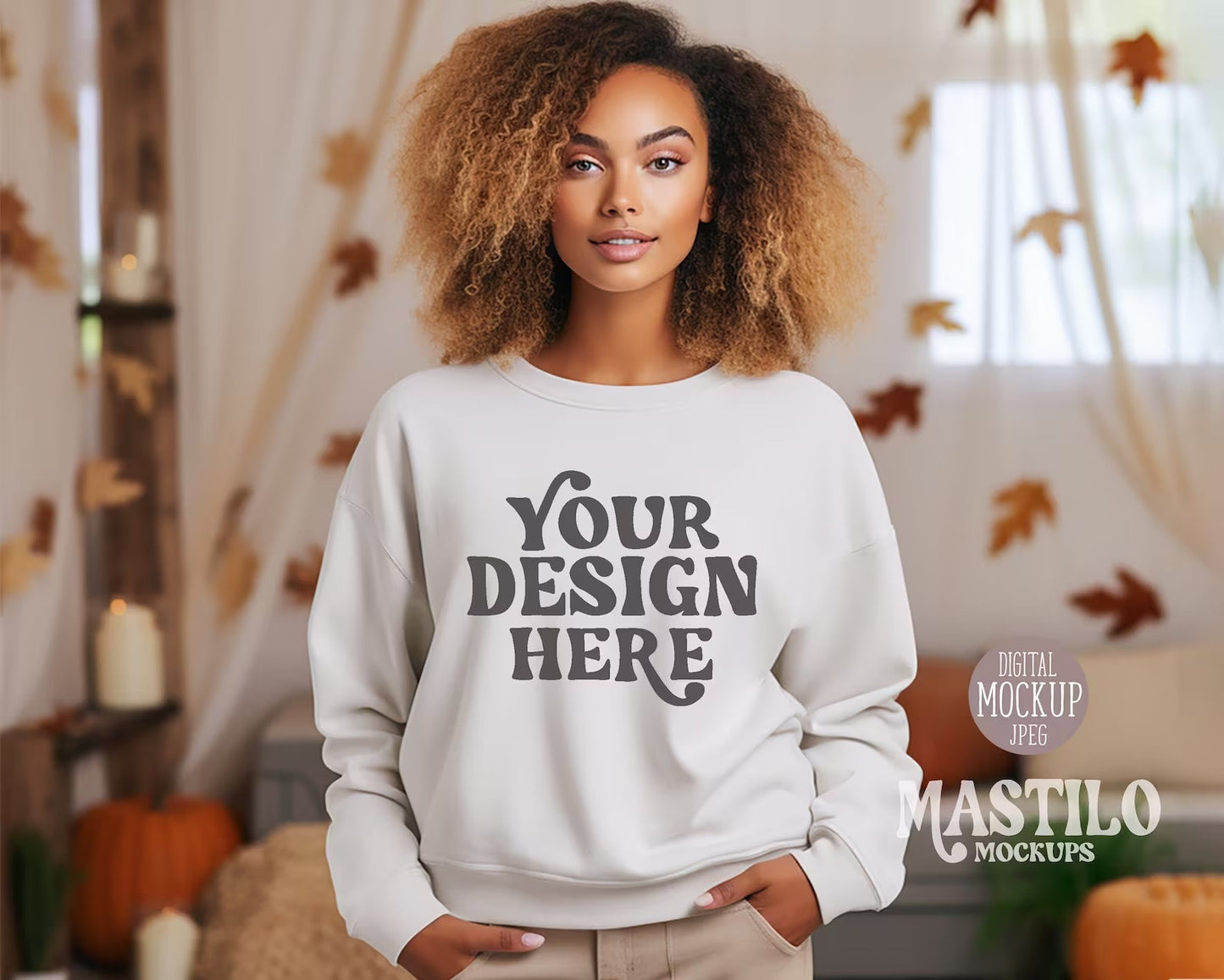 White Sweatshirt Model Mockup for Halloween, Black Model Mockup