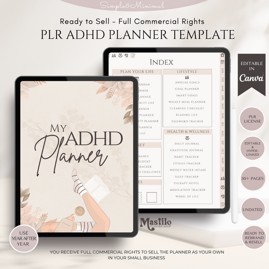 ADHD Planner, PLR Digital Planner, Editable Canva Planner