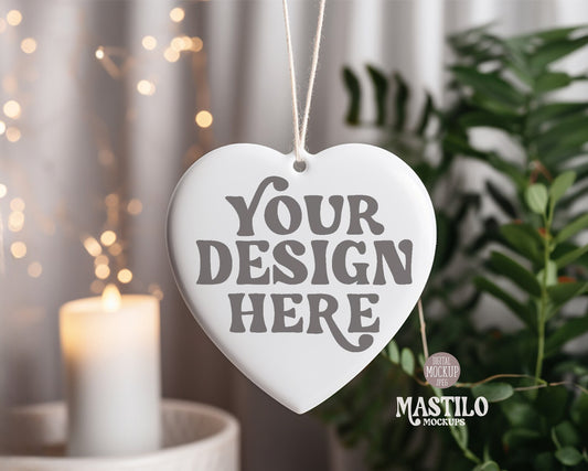 Christmas Heart Ornament Mockup, Blank White Heart Ceramic Christmas Ornament