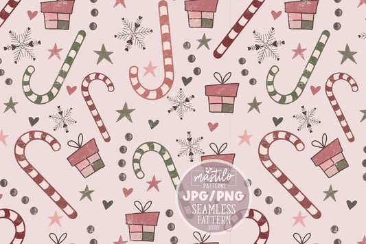 Boho Vintage Retro Candy Cane Christmas Seamless Pattern, Boho Christmas