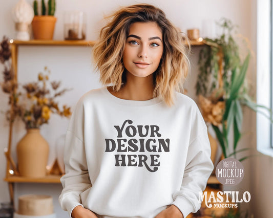 Fall T-shirt Model Mockup, White Gildan 18000 Sweater Mockup, Fall Mockup