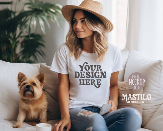 T-shirt Mockup with Dog, Dog Shirt Mockup, White Bella Canvas 3001 T-shirt Mock