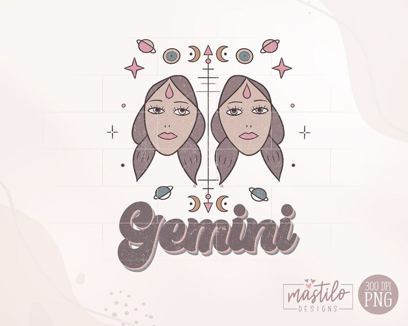 Gemini Zodiac, Retro Sublimations, Celestial Png, Zodiac Sign Png