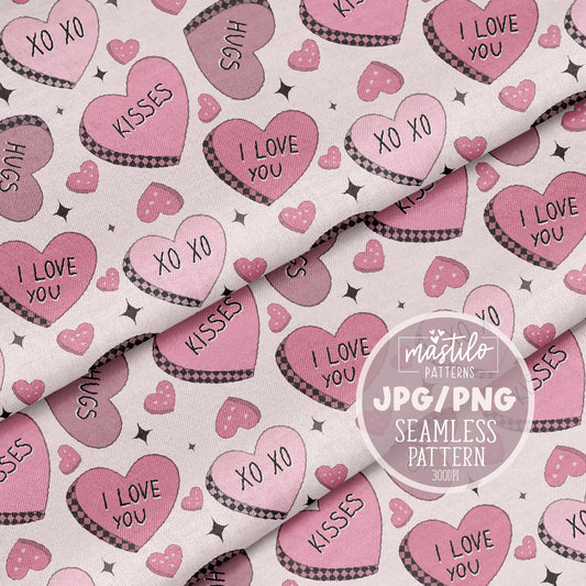 Conversation Hearts Seamless Pattern, Groovy Valentine Hearts repeat