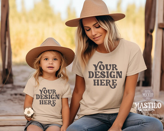 Mommy and Me beige Tshirt mockup, Model woman girl t-shirt mockup