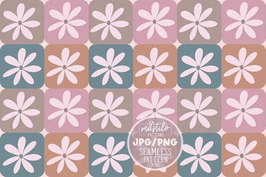 Retro Daisy Checker Seamless Pattern, Multi Color Checker Seamless