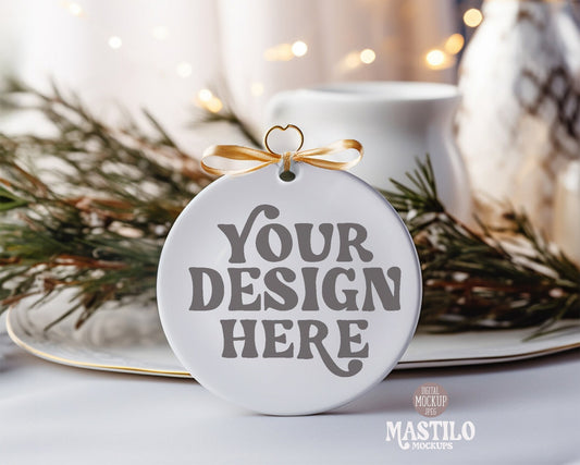 Christmas Tree Ornament Mockup, Blank White Round Ceramic Christmas Ornament