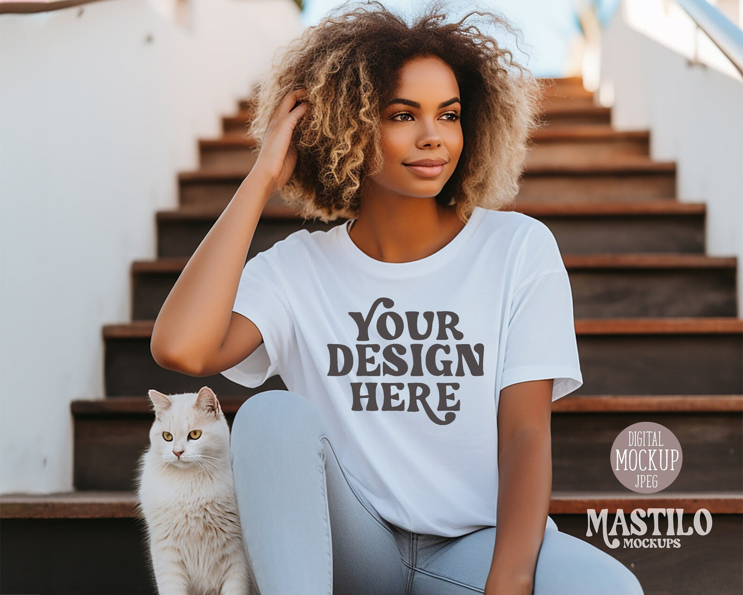 Cat Shirt Mockup, White Bella Canvas 3001 T-shirt Mockup, Mockup with Cat