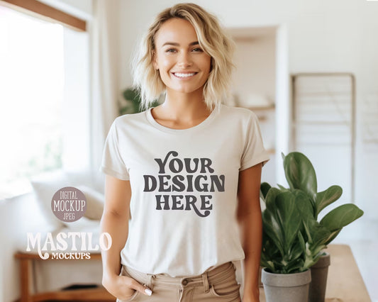 White Bella Canvas 3001 Tshirt Model Mockup, Lifestyle Trendy Boho