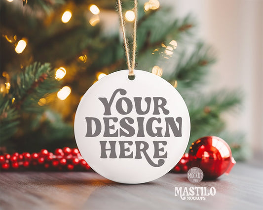 Christmas Ornament Mockup, Blank White Round Ceramic Christmas Ornament Mockup